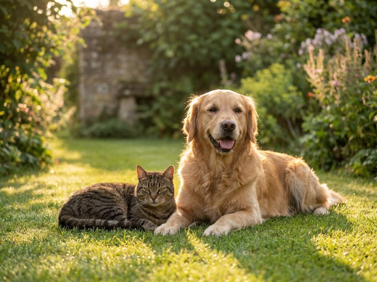 Un perro y un gato descansando en el pasto