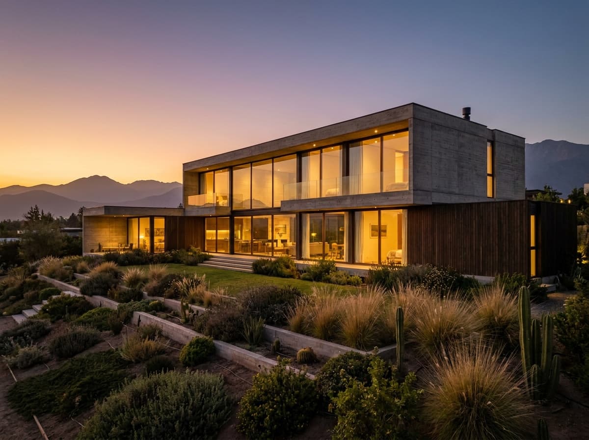 Casa moderna al atardecer con la cordillera de fondo